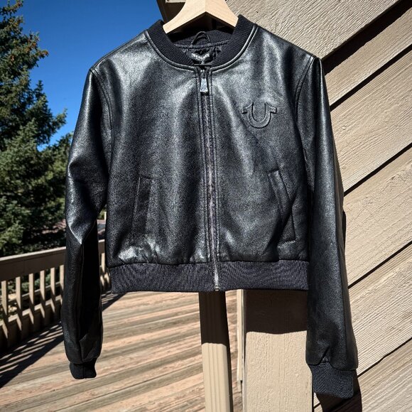 NWT True Religion Vegan Leather Cropped Bomber Jacket - Picture 4 of 14
